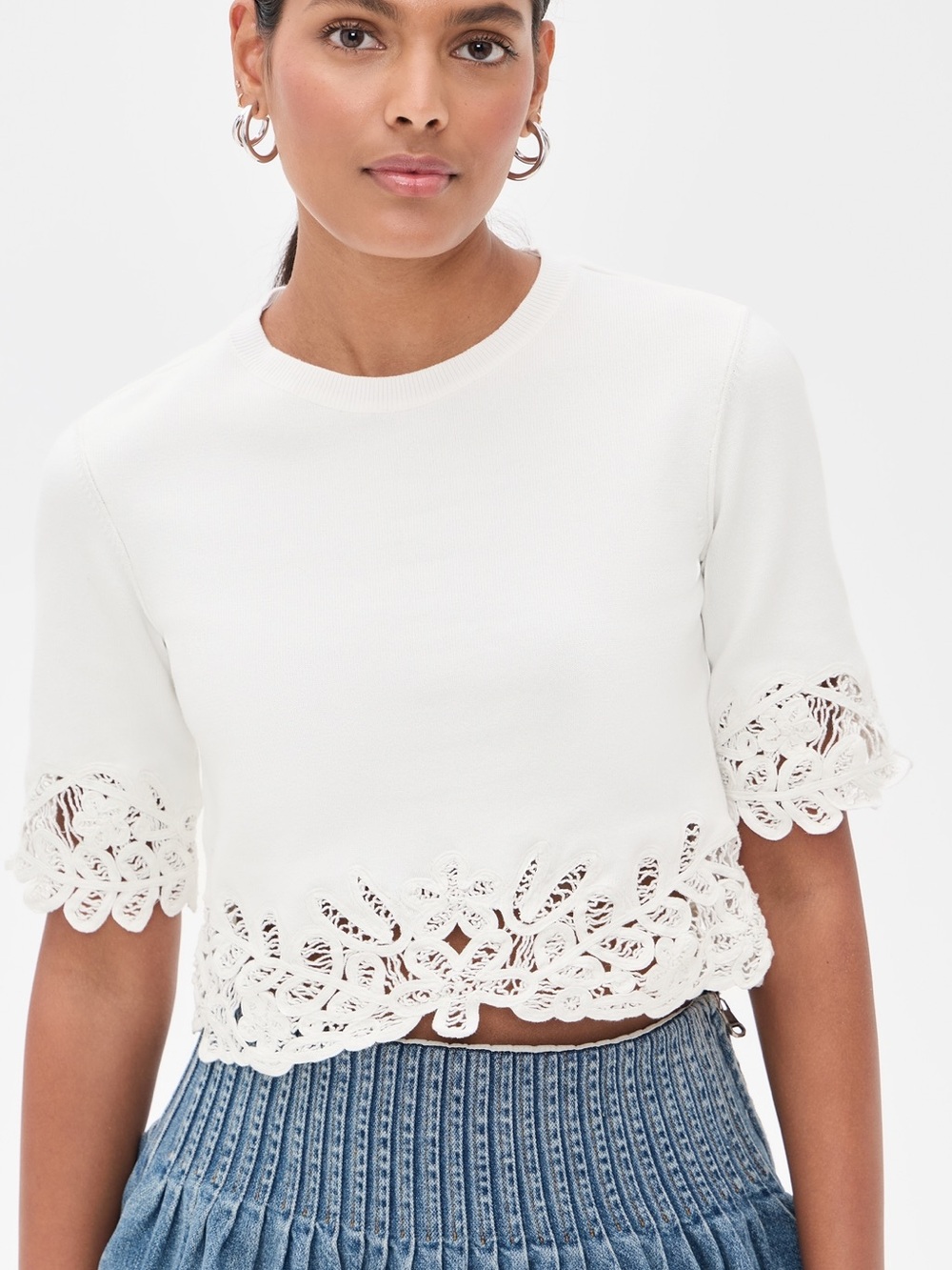 Sea New York Cream Crochet-Trim Crop Top